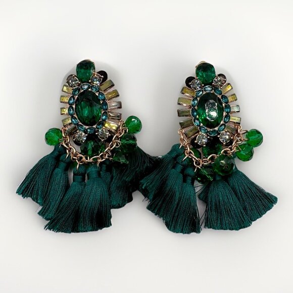 Aldo Statement Green Tassel Crystals Earrings Large Formal Gold Tone - Picture 1 of 4